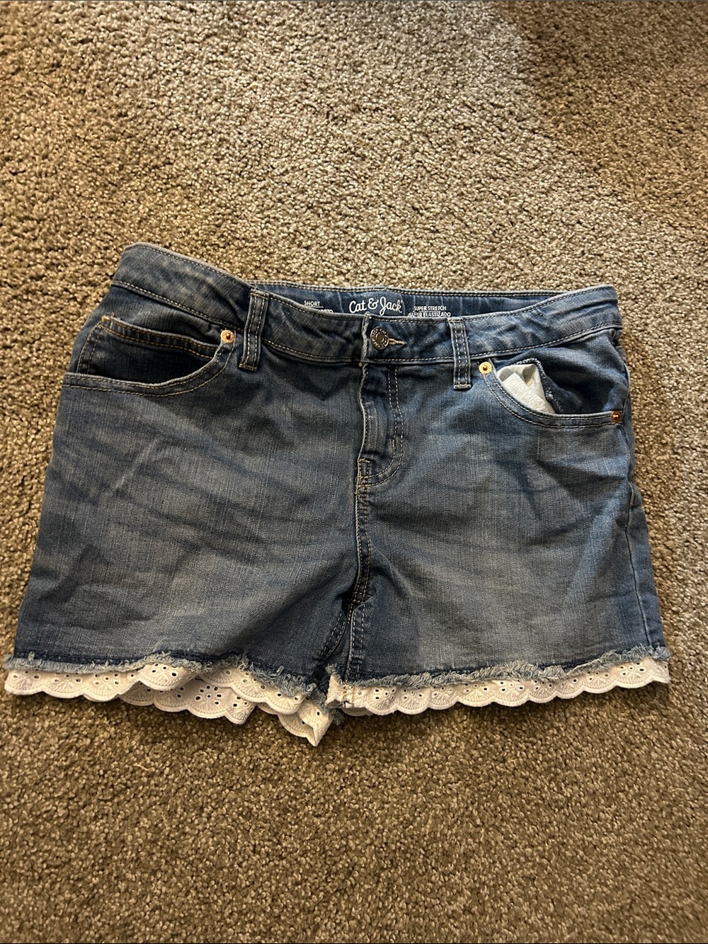 Cat & Jack Medium Blue Denim Shorts with White Eyelet Lace Trim
